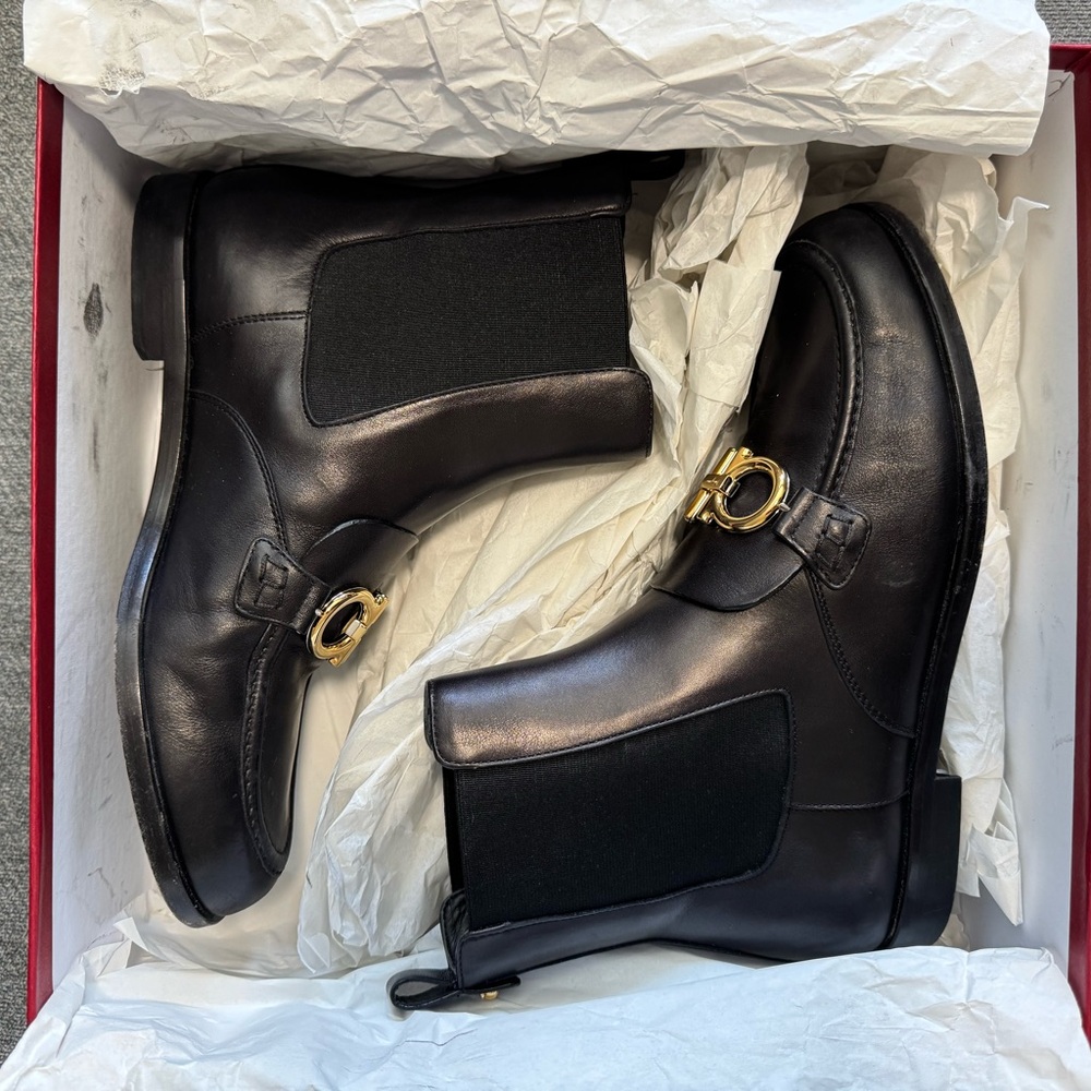 Salvatore Ferragamo Black Leather Chelsea Ankle Boots with Gold Gancini